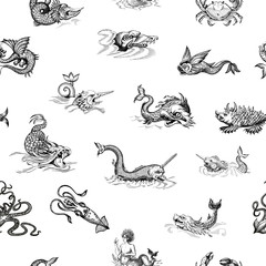 Mythological vintage sea monster. Monochrome Hand drawn sketch. Vector seamless pattern for boy. Detail of the old geographical maps of sea. © Shalyapina