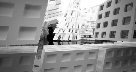 Abstract white and black interior multilevel public space with window. 3D illustration and rendering.