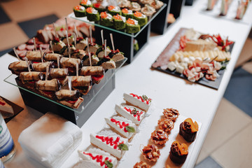 delicious festive buffet with canapés and different delicious meals