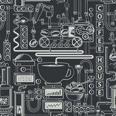 Vector seamless pattern on coffee theme with a cup of freshly brewed coffee, plant with conveyor coffee production in retro style and with words Coffee house.