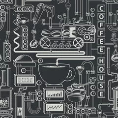 Wallpaper murals Coffee Vector seamless pattern on coffee theme with a cup of freshly brewed coffee, plant with conveyor coffee production in retro style and with words Coffee house.