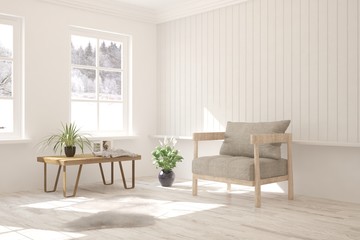 White room with armchair and winter landscape in window. Scandinavian interior design. 3D illustration