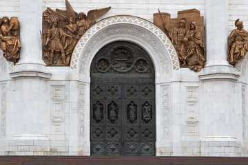 Entrance with stairs to the Cathedral of Christ the Saviour in Moscow, Russia. Is a main Russian Orthodox church, a few hundred metres southwest of the Kremlin.