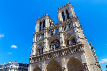 Fototapeta na wymiar View of the original Notre-Dame de Paris church, before the fire lit up in april 2019. Is a medieval Catholic cathedral and is considered to be one of the finest examples of French Gothic architecture
