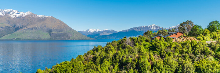 Fototapeta na wymiar View of the landscape of the lake Wakatipu, Queenstown, New Zealand. Copy space for text.