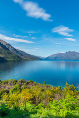 Naklejka na ściany i meble View of the landscape of the lake Wakatipu, Queenstown, New Zealand. Copy space for text. Vertical.