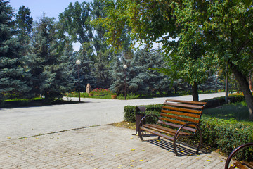 View of the benches in 28 Panfilov city park in Almaty, Kazakhstan.