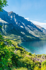 Fototapeta na wymiar View of the landscape of the lake Wakatipu, Queenstown, New Zealand. Vertical.