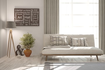 Stylish room in white color with sofa. Scandinavian interior design. 3D illustration