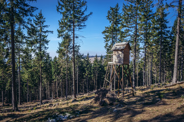 Wooden hunters tower on a slope of Grabina Mount in Owl Mountains Landscape Park, protected area in...