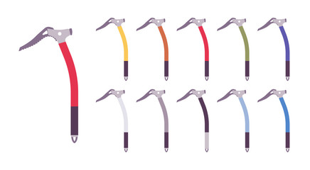 Ice axe set. Climbers light tool for cutting footholds in snow, hiking and mountaineering gear. Vector flat style cartoon illustration isolated on white background, different views and color