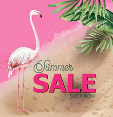 Summer tropic flowers and flamingo card Vector watercolor. Holiday poster. Sale banner templates