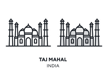 Taj Mahal Temple India Landmark Sight. Vector Flat Line Icon Illustration.