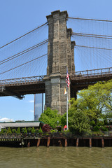 Brooklyn Bridge, hybrid cable-stayed/suspension bridge in New York City. View from Brooklyn
