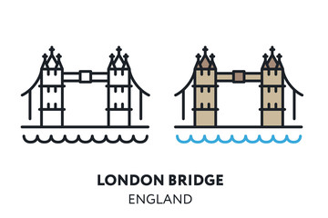 London Bridge Landmark Sight. Vector Flat Line Icon Illustration.