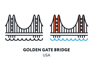 Golden Gate Bridge. San Francisco USA Landmark Sight. Vector Flat Line Icon Illustration.