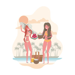 women with swimsuit and tropical fruits in hand