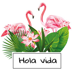 Tropical vector composition hola vida slogan pink flamingo flowers leaves white background