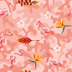 Tropical vector flowers flamingo pink camo seamless background