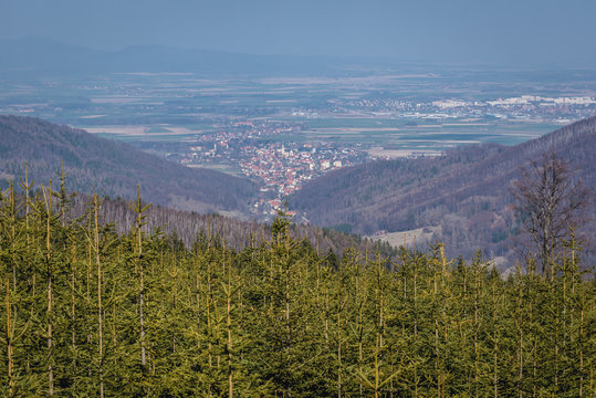 Pieszyce town seen from a tourist path in Owl Mountains Landscape Park, protected area in Lower Silesia Province of Poland