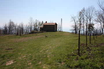 Fototapeta premium small church abandoned, in disuse, on the Apuan Alps of the Tuscan Apennines in a clearing on a sunny spring day
