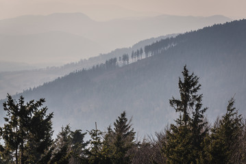 Fototapeta na wymiar Aerial view from observation tower on the peak of Mount Kalenica in Owl Mountains Landscape Park, protected area in Lower Silesia Province of Poland