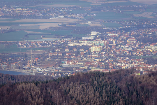 Bielawa city seen from Mount Kalenica in Owl Mountains Landscape Park, protected area in Lower Silesia Province of Poland