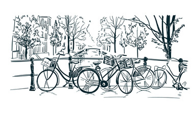 amsterdam bicycles vector illustration sketch line sketch - obrazy, fototapety, plakaty