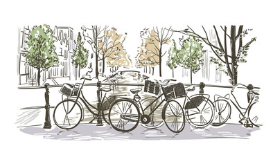 amsterdam bicycles vector illustration sketch watercolor sketch - obrazy, fototapety, plakaty