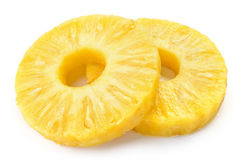 Pineapple rings. Canned pineapple slices isolated on white.