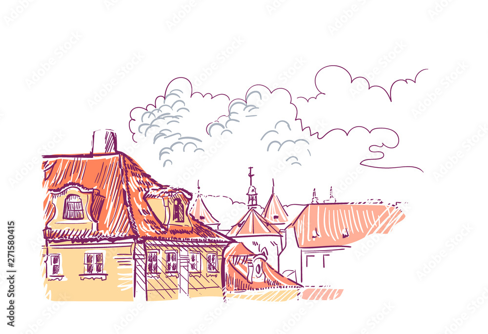 Sticker sketch vector illustration european view prague roofs