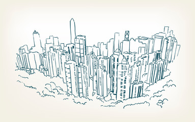 hong kong vector illustration skyscraper sketch line - obrazy, fototapety, plakaty