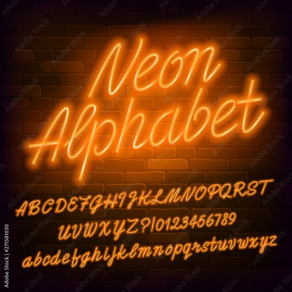 Fototapete neon script alphabet font. orange neon color lowercase and uppercase letters and numbers. brick wall