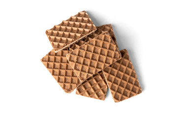 Chocolate waffles with milk filling isolated on white background.