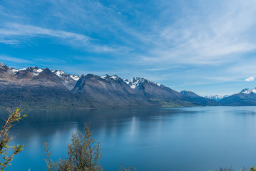 View of the landscape of the lake Wakatipu, Queenstown, New Zealand. Copy space for text.