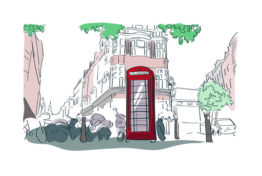 London red phone booth vector watercolor illustration street view
