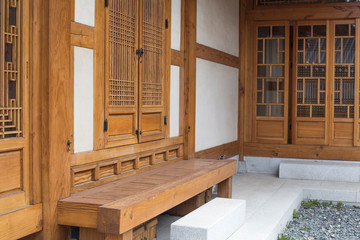 Traditional Korean Style Wooden house. wooden door