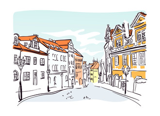 Naklejka premium Prague street vector sketch illustrator watercolor art