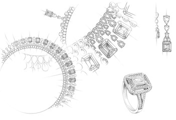 Pencil drawing of a necklace and a ring with precious stones on a white background. Isolated sketch. White background with hand painted diamond rings. Texture background for creativity and advertising - 271582223