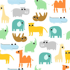 Seamless pattern with wild cartoon animals. Funny kids textile print. Vector hand drawn illustration.