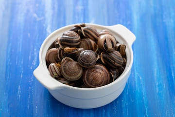 boiled snails with herbs in white dish