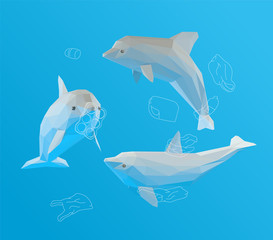 Plaster Dolphin. Set of White Dolphins and Ocean Pollution on Blue Background. Low Poly Vector 3D Rendering