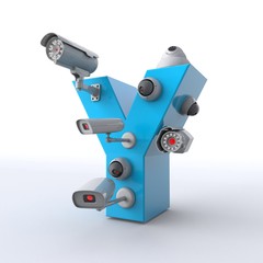 3D illustration of letter Y with CCTV cameras