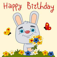 Obraz na płótnie Canvas Funny rabbit in cartoon style with bouquet of flowers - happy birthday card