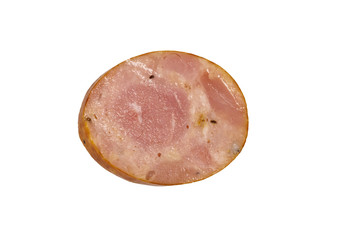 Slice of smoked sausage isolated on white background