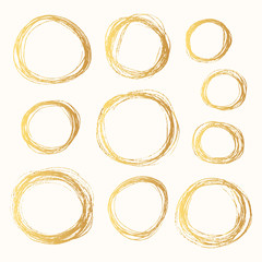 Set of hand drawn round golden pencil scribble frames. Edge torn gold box background. Vector isolated hatch foil circles.