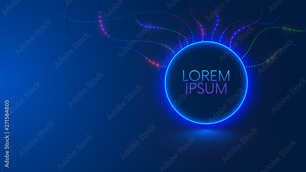 Poster Title design in round or circle frame. Background or banner of digital technology presentation. Shining neon lights dots of signal on abstract smooth lines on template, mock up of futuristic cover.