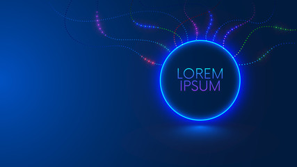 Title design in round or circle frame. Background or banner of digital technology presentation. Shining neon lights dots of signal on abstract smooth lines on template, mock up of futuristic cover.