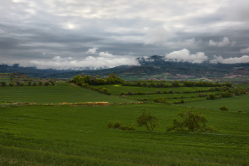 Green field with mountains and clouds