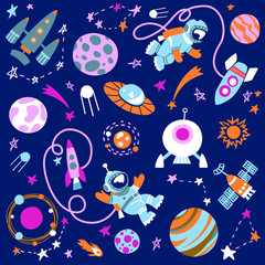 Cartoon sci-fi space background. Vector Illustration.Set of color images of an astronaut in space, UFOs, spaceships, stars. planets, comets, meteorites © Надежда Пехова